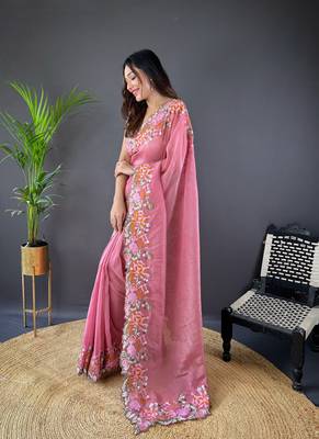 Pink glossy silk cross stich embroidery cut work adorable partywear girlie saree 4