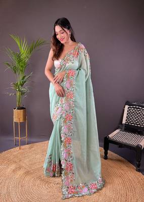 Pista glossy silk blend cross stich embroidery cut work adorable partywear girlie saree 1
