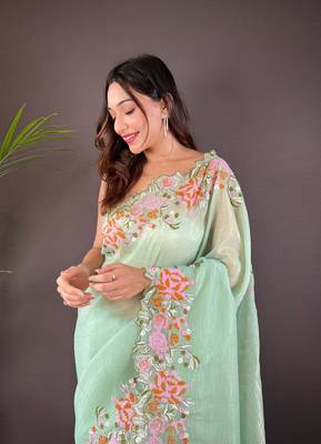 Pista glossy silk blend cross stich embroidery cut work adorable partywear girlie saree 3
