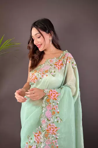 Pista glossy silk blend cross stich embroidery cut work adorable partywear girlie saree
