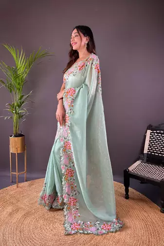 Pista glossy silk blend cross stich embroidery cut work adorable partywear girlie saree