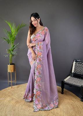 Purple glossy silk blend cross stich embroidery cut work adorable partywear girlie saree 1
