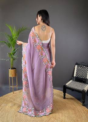 Purple glossy silk blend cross stich embroidery cut work adorable partywear girlie saree 2