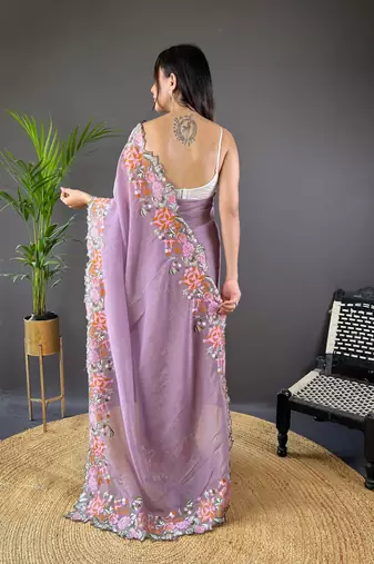 Purple glossy silk blend cross stich embroidery cut work adorable partywear girlie saree