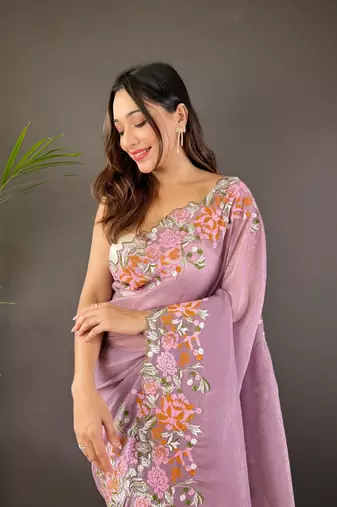 Purple glossy silk blend cross stich embroidery cut work adorable partywear girlie saree