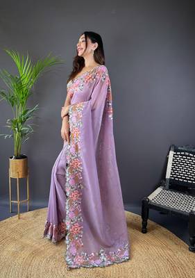 Purple glossy silk blend cross stich embroidery cut work adorable partywear girlie saree 4