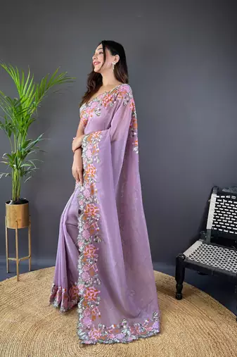 Purple glossy silk blend cross stich embroidery cut work adorable partywear girlie saree