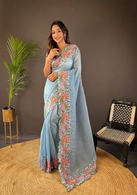 Sky blue glossy silk blend cross stich embroidery cut work adorable partywear girlie saree 1