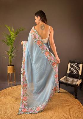 Sky blue glossy silk blend cross stich embroidery cut work adorable partywear girlie saree 2