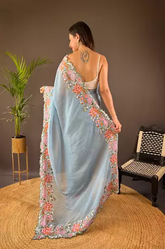 Sky blue glossy silk blend cross stich embroidery cut work adorable partywear girlie saree