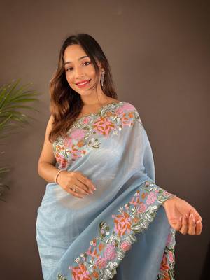 Sky blue glossy silk blend cross stich embroidery cut work adorable partywear girlie saree 3