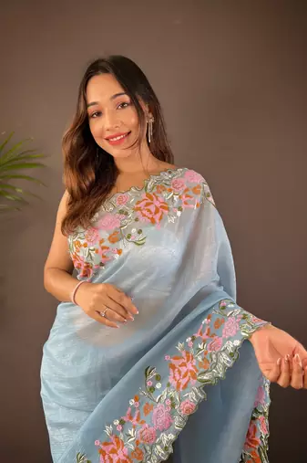 Sky blue glossy silk blend cross stich embroidery cut work adorable partywear girlie saree