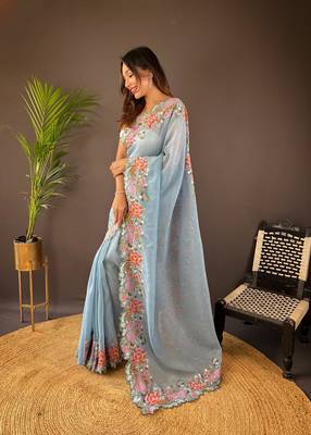 Sky blue glossy silk blend cross stich embroidery cut work adorable partywear girlie saree 4