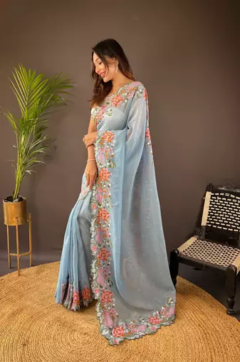 Sky blue glossy silk blend cross stich embroidery cut work adorable partywear girlie saree