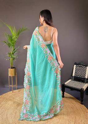 Sea green glossy silk blend cross stich embroidery cut work adorable partywear girlie saree 2