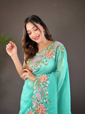 Sea green glossy silk blend cross stich embroidery cut work adorable partywear girlie saree 3
