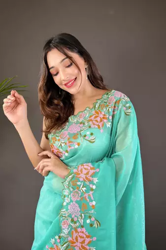 Sea green glossy silk blend cross stich embroidery cut work adorable partywear girlie saree