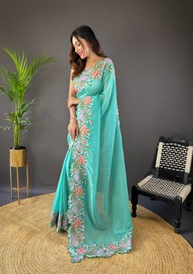 Sea green glossy silk blend cross stich embroidery cut work adorable partywear girlie saree 4