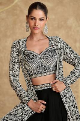 Black Embroidered Georgette Circular Lehenga-Free Size Stitched(Size up to 42") 2