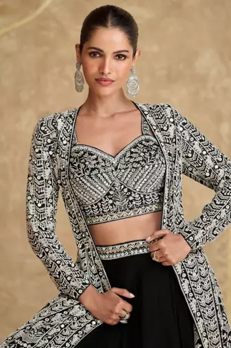 Black Embroidered Georgette Circular Lehenga-Free Size Stitched(Size up to 42")