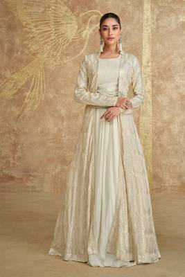 Off White Embroidered Georgette Free Size Stitched Circular Lehenga.(Size up to 42") 1