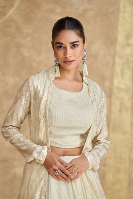 Off White Embroidered Georgette Free Size Stitched Circular Lehenga.(Size up to 42") 2