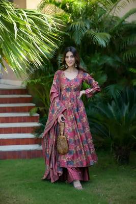 Pink beautiful print readymade partywear muslin suit 1