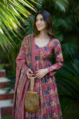 Pink beautiful print readymade partywear muslin suit 2