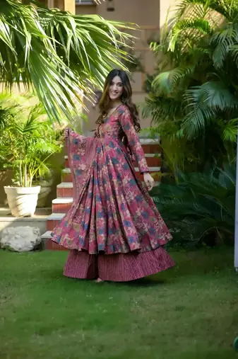 Pink beautiful print readymade partywear muslin suit