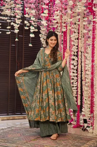 Green beautiful print readymade partywear muslin suit