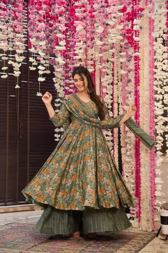 Green beautiful print readymade partywear muslin suit