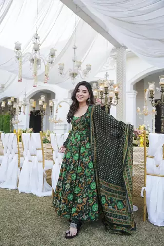 Green beautiful print readymade partywear muslin suit