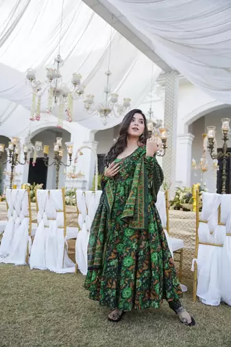 Green beautiful print readymade partywear muslin suit