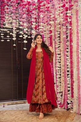 Brown beautiful print readymade partywear muslin suit 1