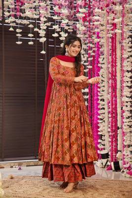 Brown beautiful print readymade partywear muslin suit 2