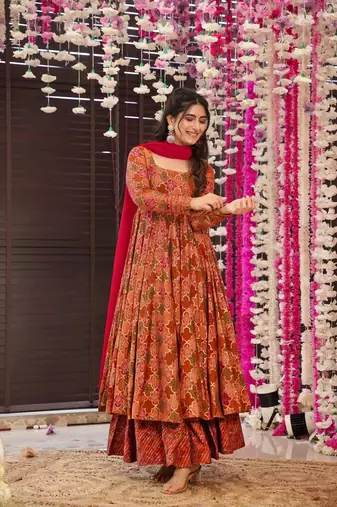 Brown beautiful print readymade partywear muslin suit