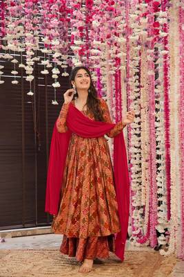 Brown beautiful print readymade partywear muslin suit 3