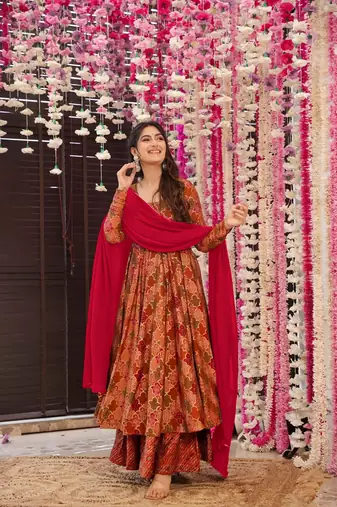 Brown beautiful print readymade partywear muslin suit