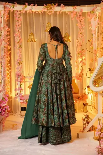 Green beautiful print readymade partywear muslin suit