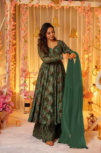 Green beautiful print readymade partywear muslin suit