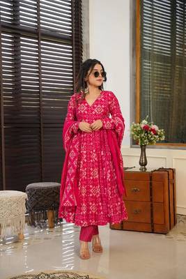 Pink beautiful print readymade partywear muslin suit 1