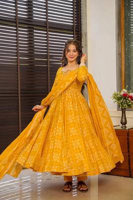 Yellow beautiful print readymade partywear muslin suit 1