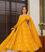 Yellow beautiful print readymade partywear muslin suit