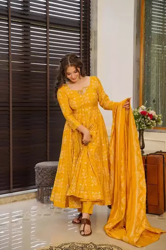 Yellow beautiful print readymade partywear muslin suit