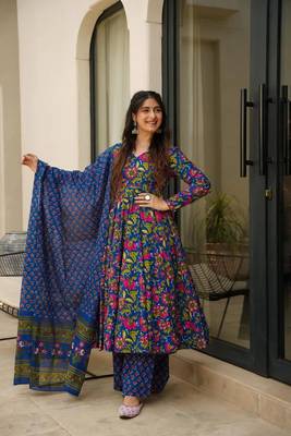 Blue beautiful print readymade partywear muslin suit 1