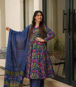 Blue beautiful print readymade partywear muslin suit