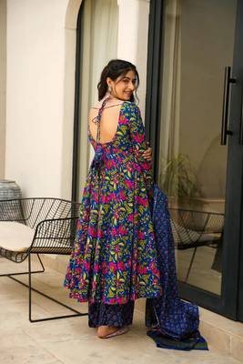 Blue beautiful print readymade partywear muslin suit 2