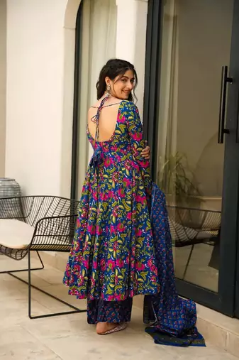 Blue beautiful print readymade partywear muslin suit