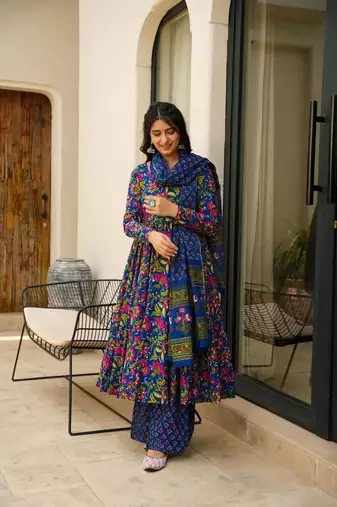 Blue beautiful print readymade partywear muslin suit