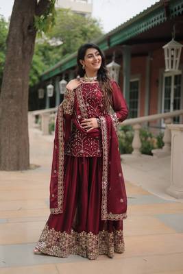 Maroon rangoli silk graceful partywear sequins embroidery work palazzo dress 1